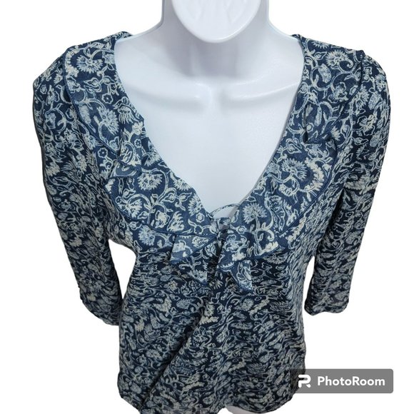 Chaps Blouse, Women's LG, Blue Floral Abstract w/Waterfall Ruffle Collar, EUC - Picture 3 of 11